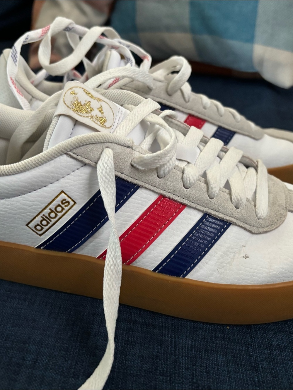 adidas White Leather Sneakers with Red & Navy Stripe Accents